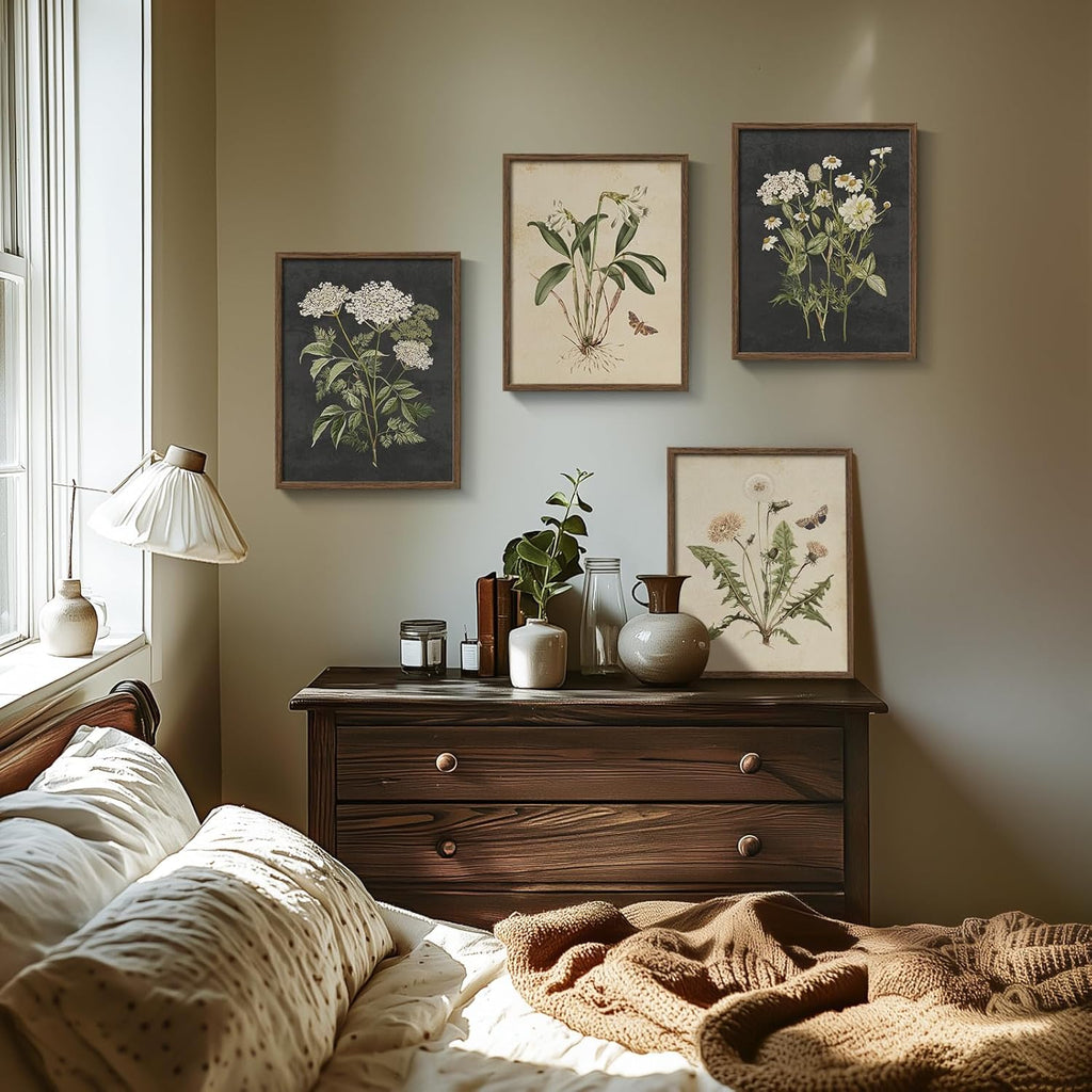 Framed Vintage Botanical Wall Art Bedroom, 4 Piece Rustic Farmhouse Floral Canvas Prints Artwork, Neutral Flower