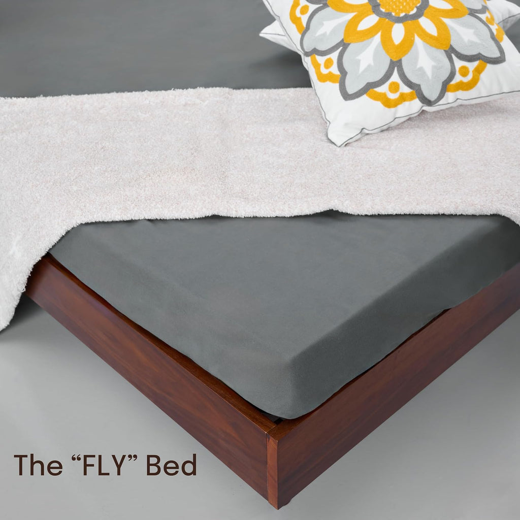 Fly Wooden Bed Frame Without Headboard, Crafted from Walnut, Rubber Wood with Silent Slats and Wood Central Supports