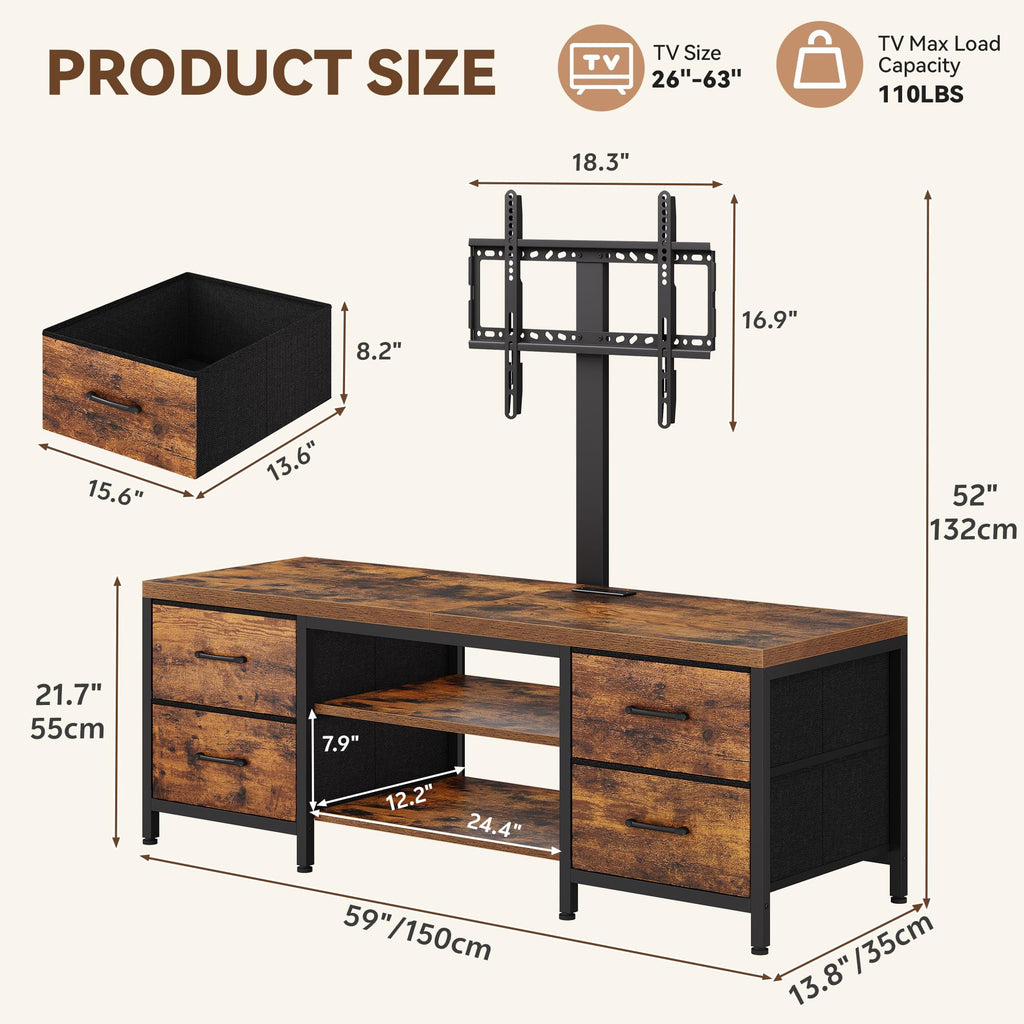TV Stand for 75 Inch TV, w/TV Mount & Outlets, 59'' Rustic Brown