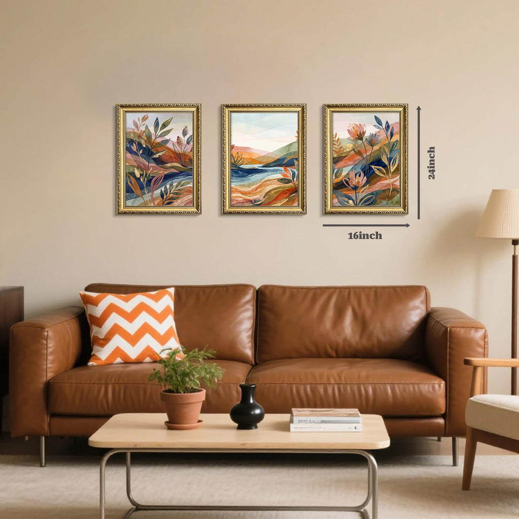 Gold Framed Abstract Landscape Wall Art Set of 3, Colorful Botanical Mountain Picture Wall Decor, Boho Nature Canvas