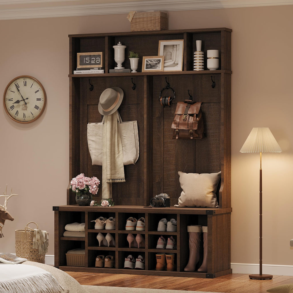 Farmhouse Hall Tree with Shoe Bench Coat Rack & Entryway Storage