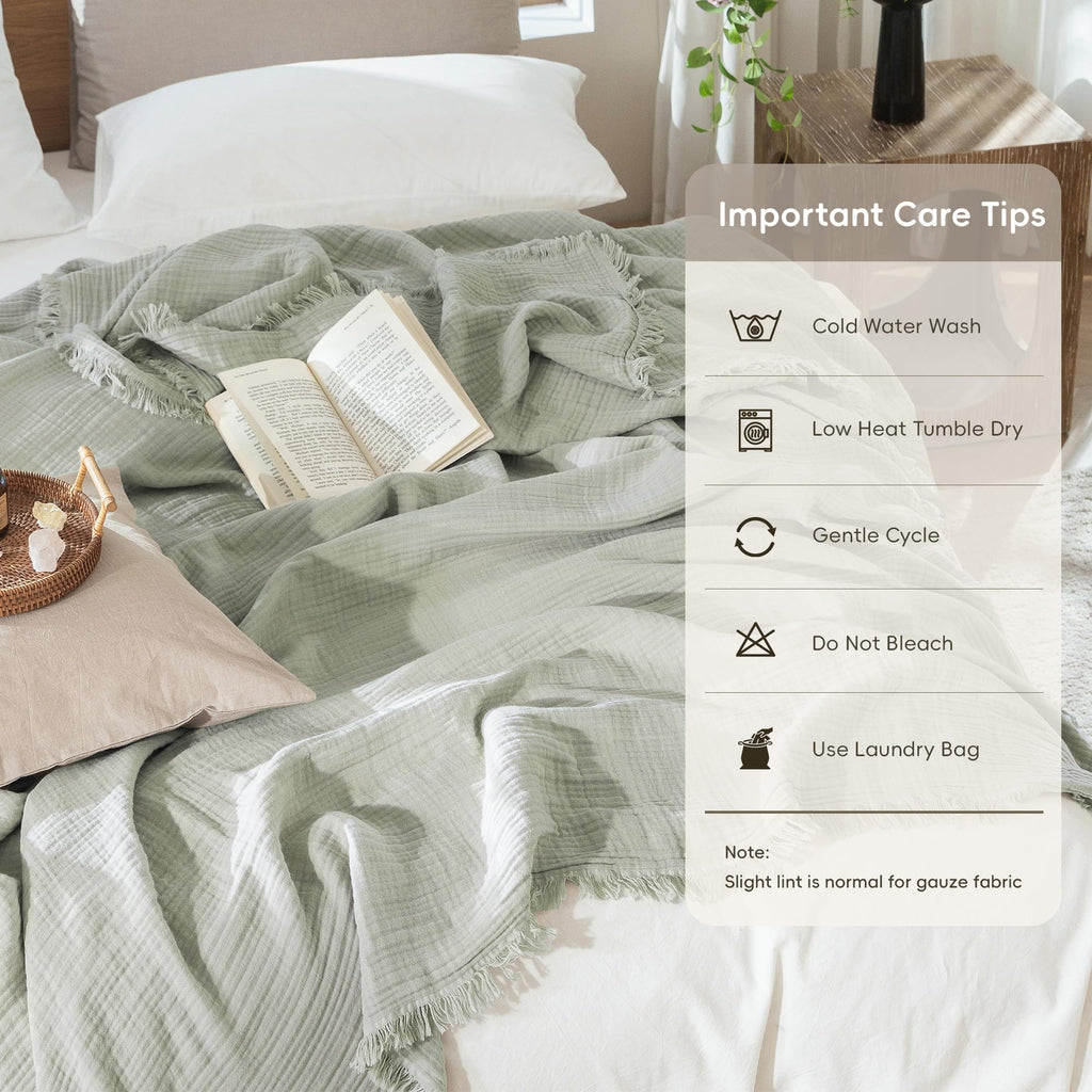 100% Cotton Muslin Blanket, Fringed 4-Layer Gauze Bed Couch Throw