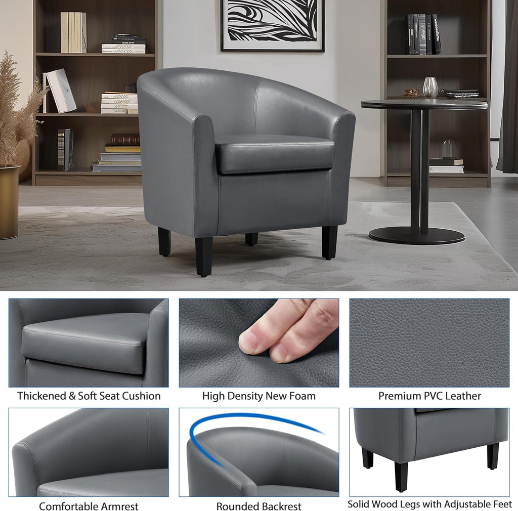 Accent Chairs, Faux Leather Barrel Armchairs Gray - Set of 2