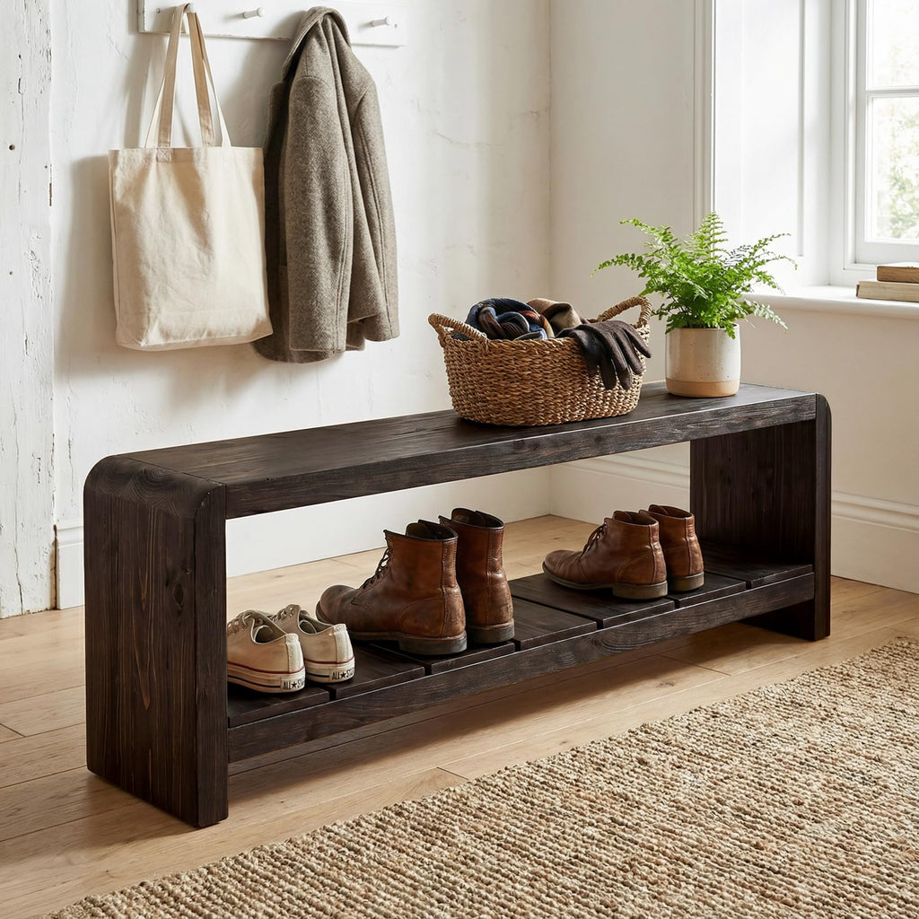 Solid Wood Entryway Bench with Shoe Storage, 59.06-Inch Long Shoe Bench with Open Shelf, Farmhouse End of Bed Seating