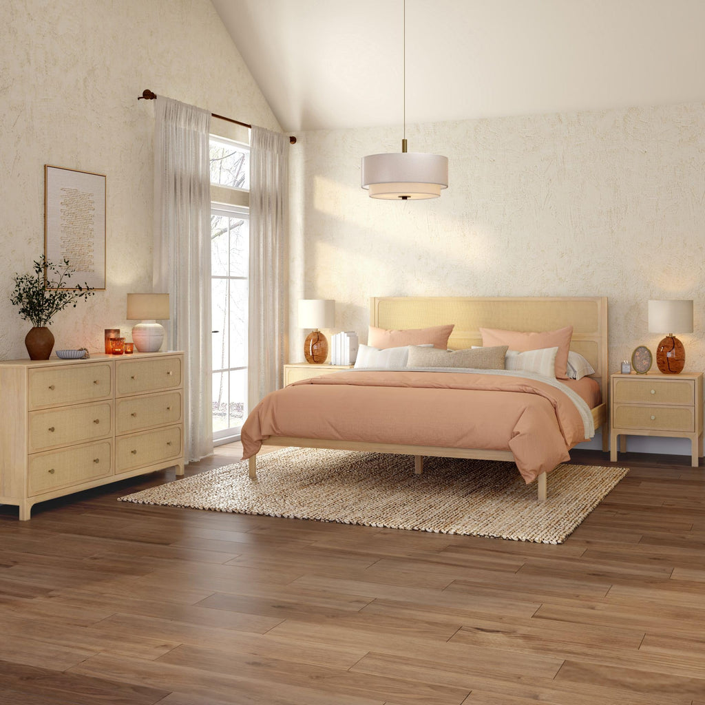 Elio Solid Pine Bed with Rattan Headboard, No Box Spring Needed, Wood Slat Roll Support, Metal Center Bar