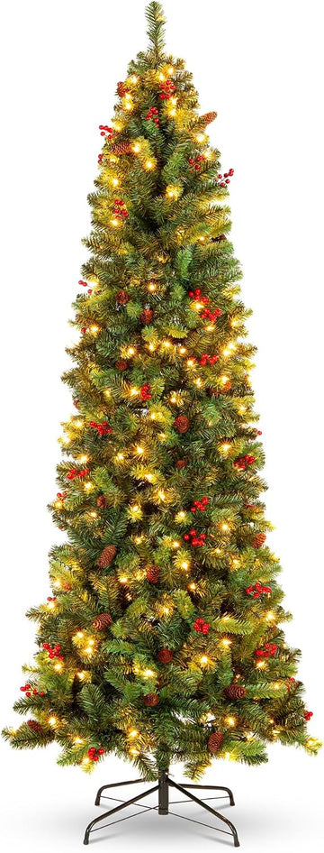 Pre-Lit Spruce Pencil Christmas Tree Pre-Decorated w/Twinkling LED Lights Holiday Decoration w/ 460 Lights, 1,298