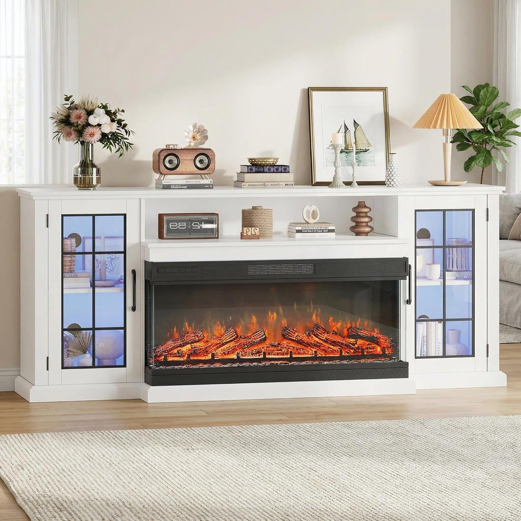 Farmhouse TV Stand for TVs up to 85" - Glass Doors, Storage, Fireplace | 75" Sideboard High-gloss finish, matte body