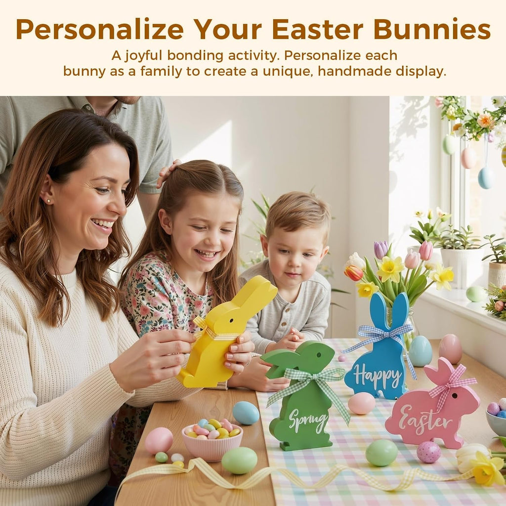 Easter Decor, Bunny Spring Easter Decorations Table, 5~6.4 Inches Wood Rabbit Easter Decorations Sign - Set of 4