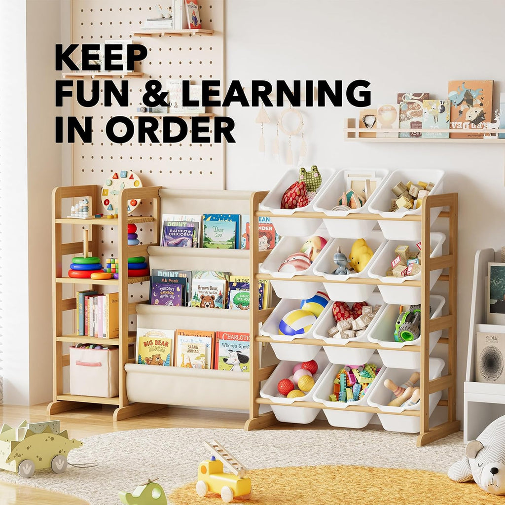 3-in-1 Toy Storage Organizer with 4 Shelves and 12 Bins, Toy Organizers Storage 3-Tier Bookshelf, Kids Bin Shelf Box