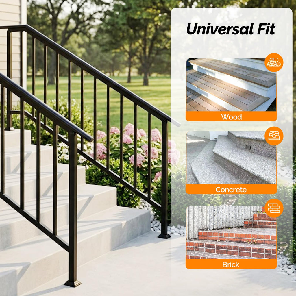 Handrails for Outdoor Steps Fits 5-6 Steps, Stair Handrail with Drainage Holes & Straight Ends, Wrought Iron Hand