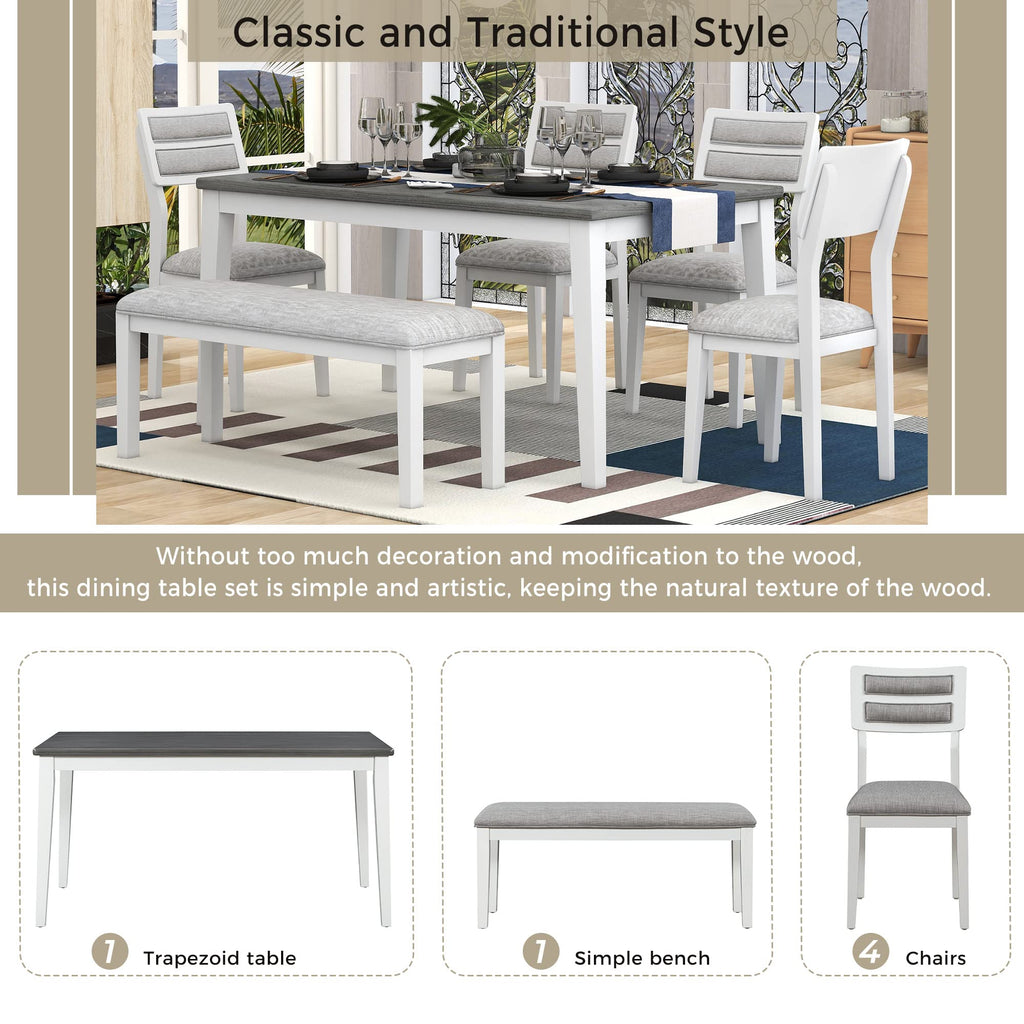6-Piece 60" Wooden Dining Table Set with 4 Soft Upholstered Chairs and 1 Bench, Classic and Traditional Style, White