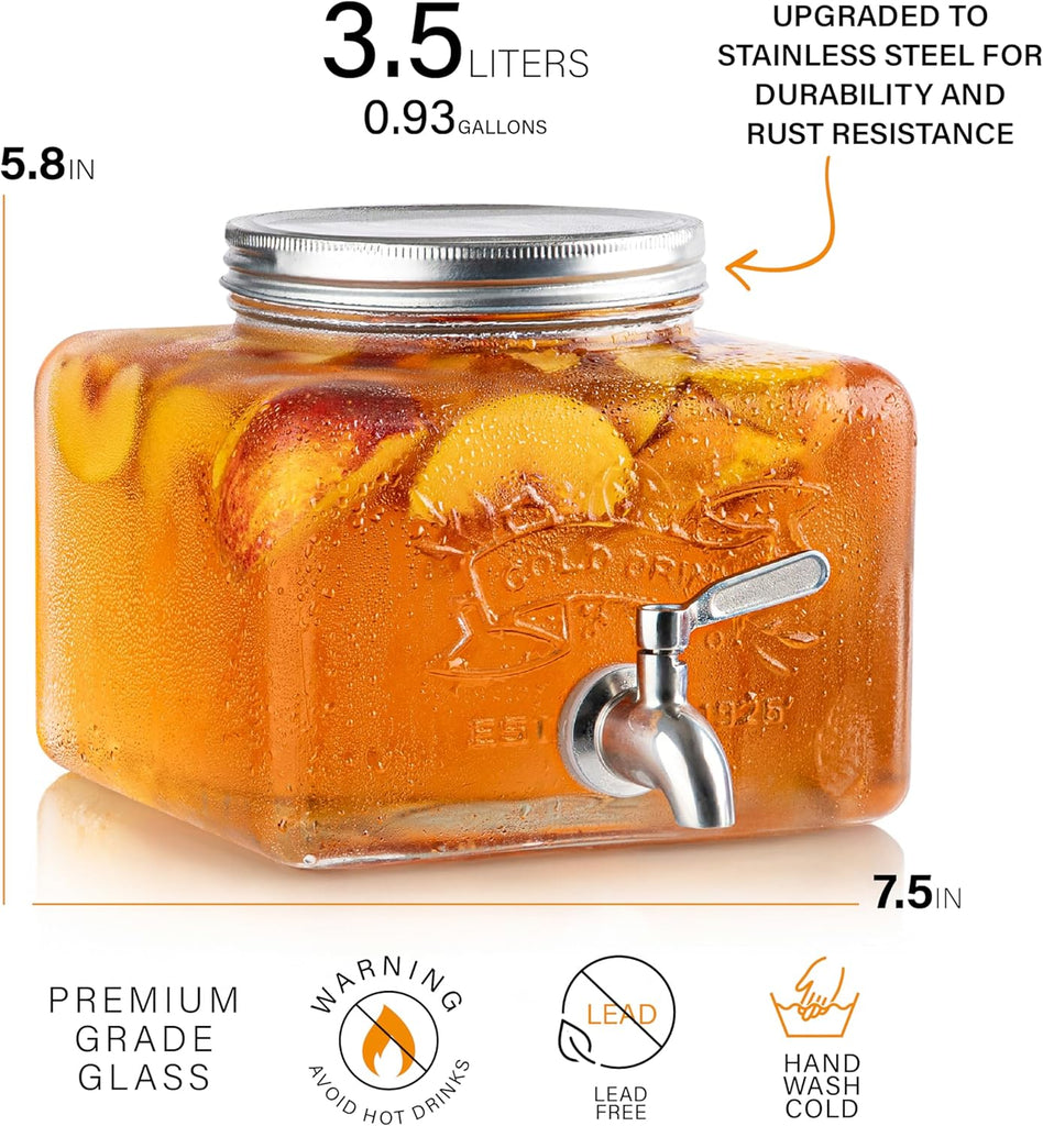 Glass Drink Dispenser for Fridge - Stainless Steel Spigot Mason Jar Dispenser with Wide Opening & Easy-Fill