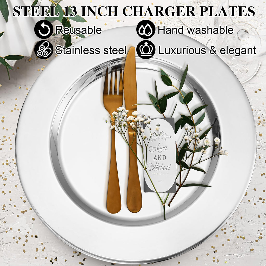 12 Pcs Stainless Steel Silver Charger Plates Bulk 13 Inch Round Set