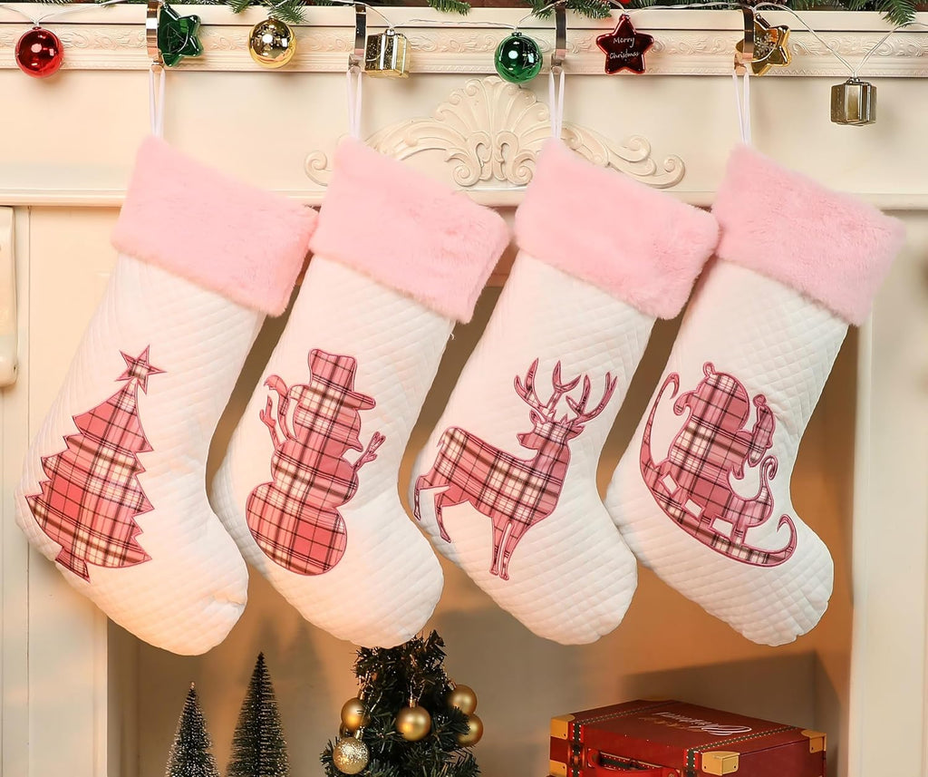 White Pink Buffalo Plaid Embroidered Christmas Stockings Set of 4