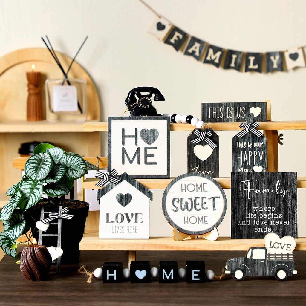 Farmhouse Tiered Tray Decor Home Wooden Signs Rustic Home Tiered Tray Decorations Sweet Vintage House Tabletop - Set of 18
