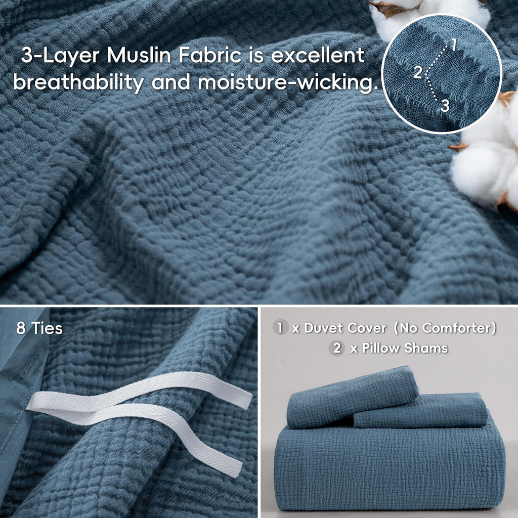 100% Cotton Muslin Duvet Cover, 3-Layer Guaze Ultra Soft Breathable Textured Linen Like, 3pcs Bedding