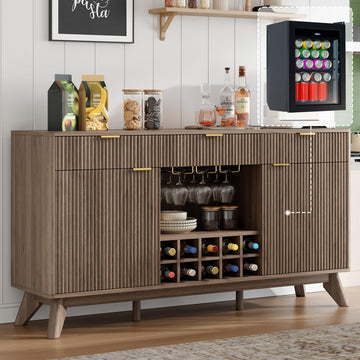 60" Wine Bar Cabinet, Coffee Bar Cabinet with Fridge Included, Gray Oak