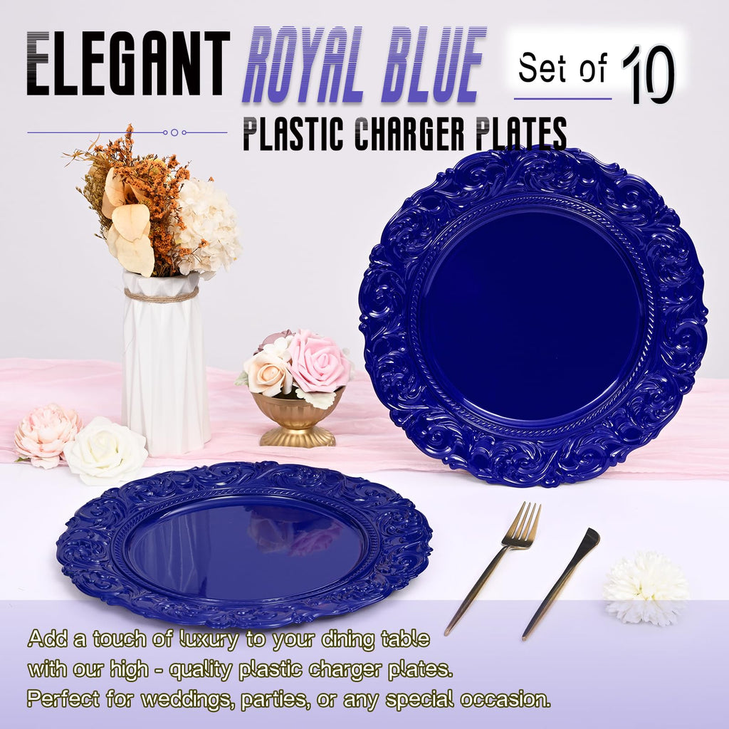 Royal Blue Charger Plates Bulk 10Pcs - 13" Royal Blue Chargers for Dinner Plates, Floral Embossed Decorative Charger