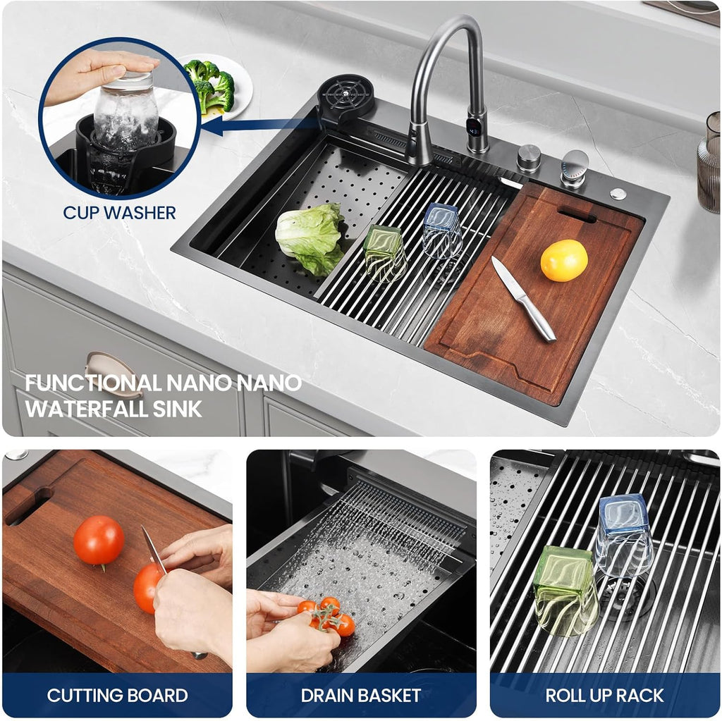 33inch Waterfall Kitchen Sink Drop In Metal Black - 33x22x10 with Faucet Combo Double Step Workstation 16 Gauge