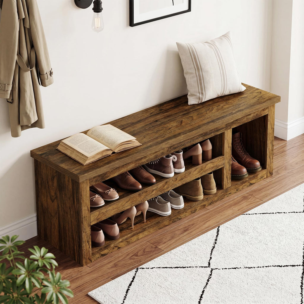 63" Entryway Bench, Farmhouse Shoe Storage Bench with Shelves