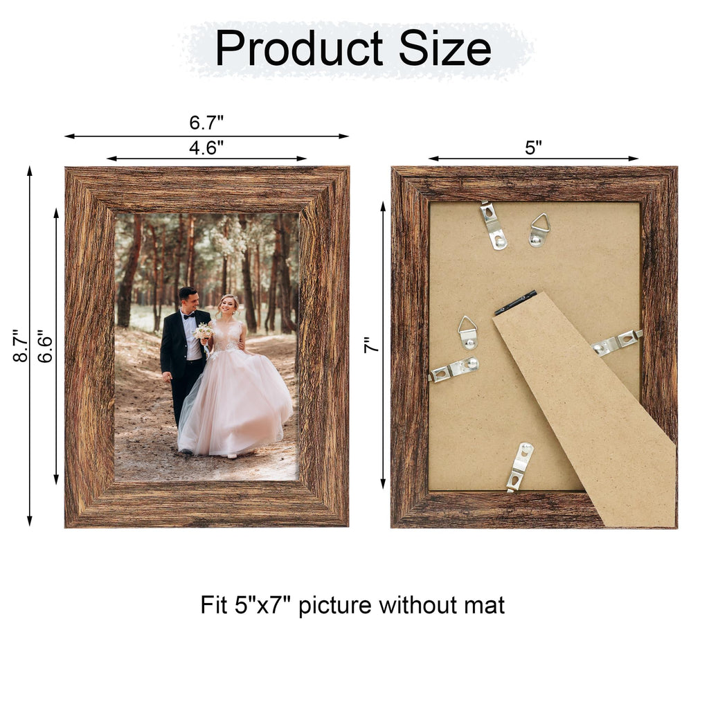 5x7 Picture Frame Set of 4, High Definition Glass Brown Frame, 5 x 7 Wood Rustic Photo Frames for Horizontal or