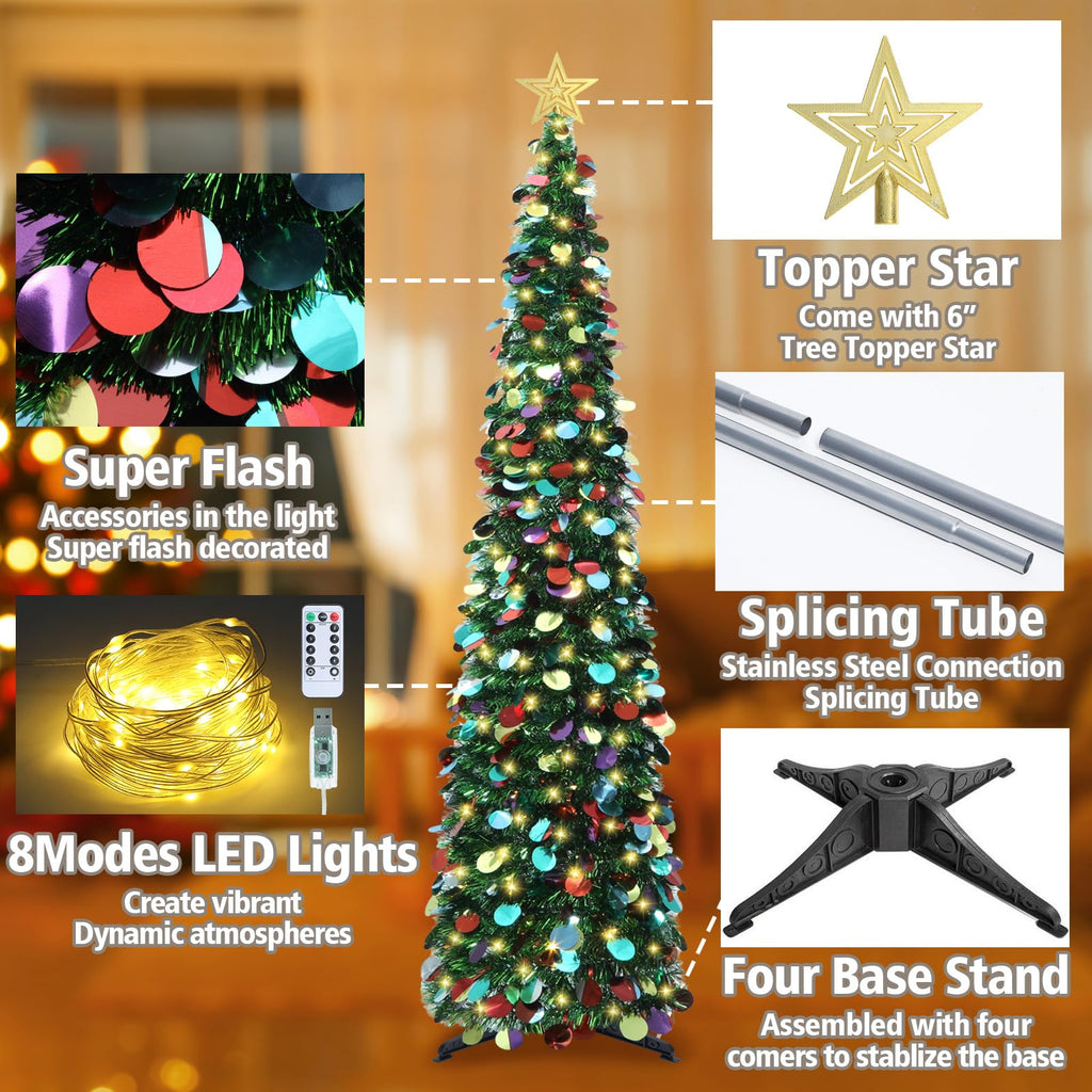 6 FT Pop Up with 100 LED Timer Lights & Remote, Green Christmas Tinsel Tree, Collapsible Artificial Pencil Tree Party