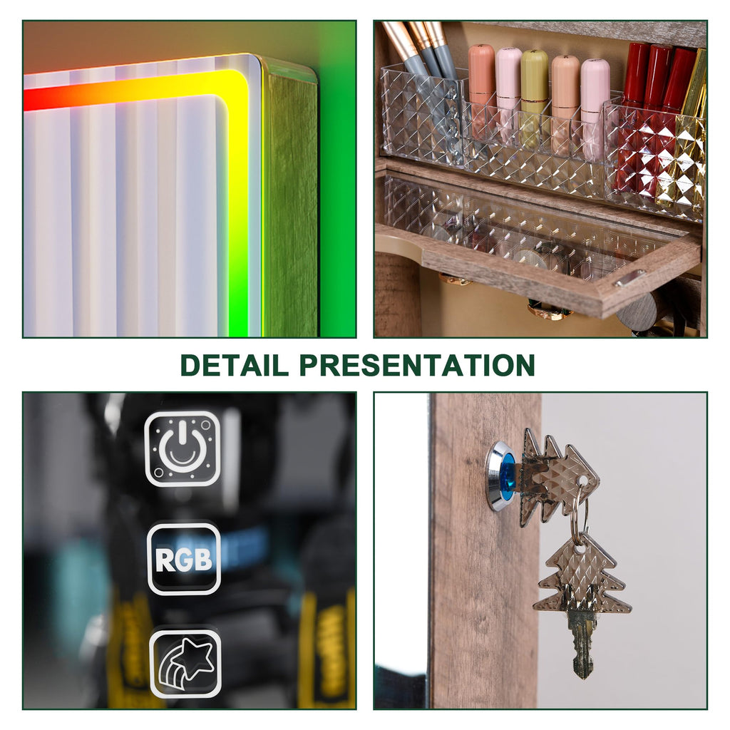 Over the Door Jewelry Organizer with LED RGB Lights, 47.2" Full Length Mirror with Storage, Wall Mounted Jewelry