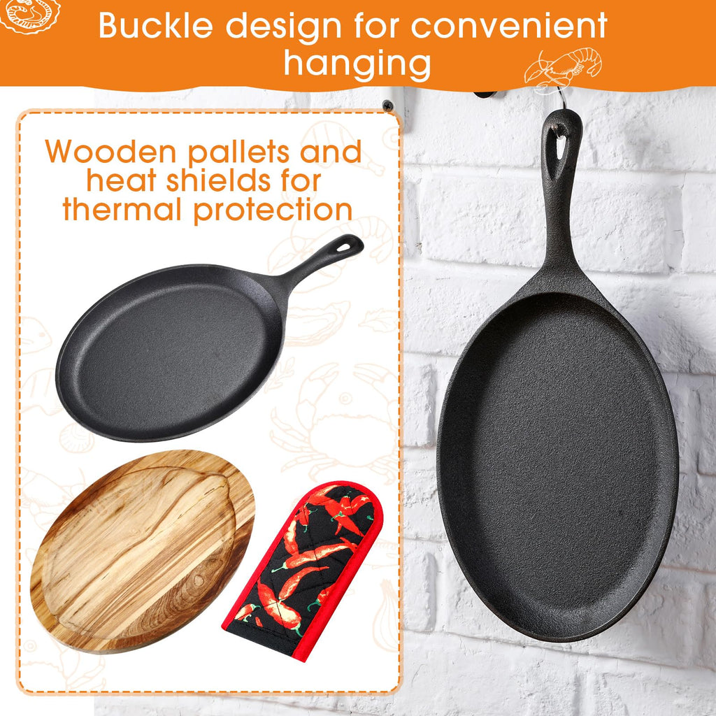 8 Sets Cast Iron Fajita Skillet, Wooden Tray, Protective Mitt