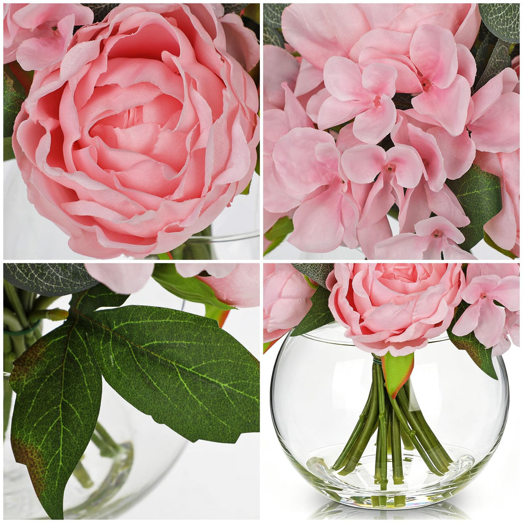 Pink Peonies Artificial Flowers in Vase Peony Fake Flowers Silk Flower Arrangements with Glass Vase with Faux Water