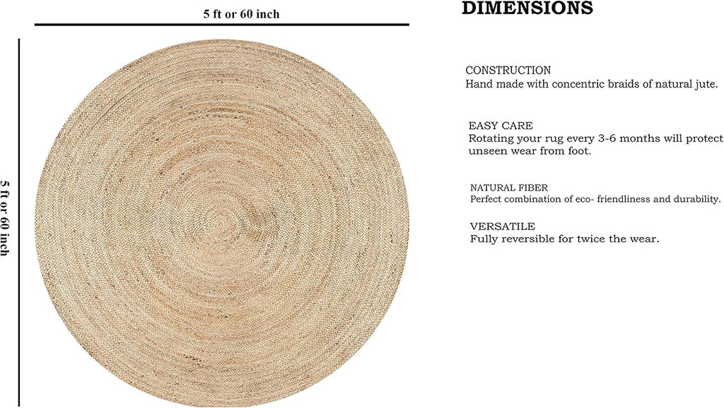 Handwoven Jute Area Rug - 5 feet Round - Natural Yarn - Rustic Vintage Beige Braided Reversible Rug - Eco Friendly