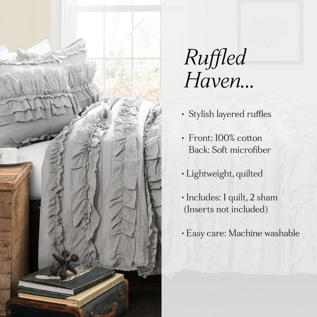 Belle Quilt 3 Piece Set Light Grey - Ruffle Bedding Set - Cute Quilt - Coquette Decor