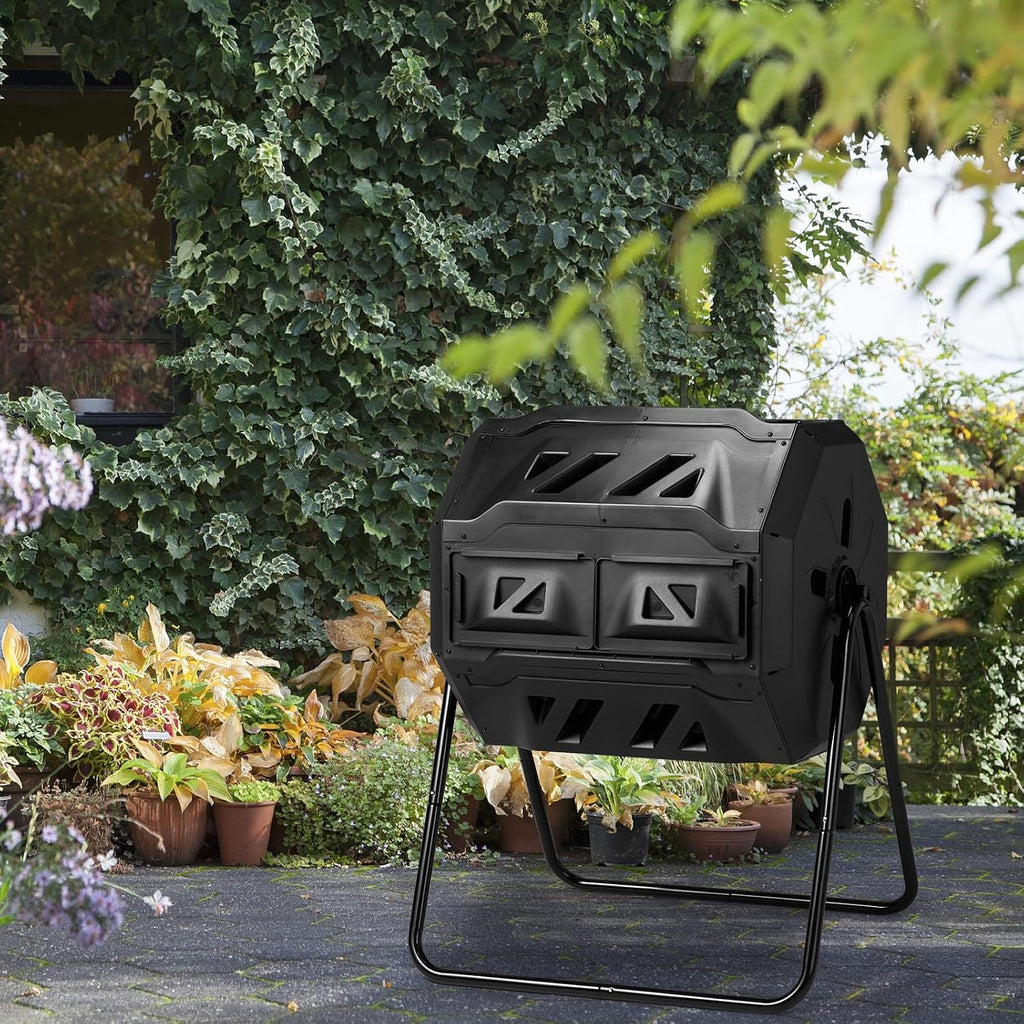 42 Gallon Outdoor Compost Tumbler Dual Chamber, Rotating Batch Compost Bin with 360° Tumbling Design, Heavy Duty
