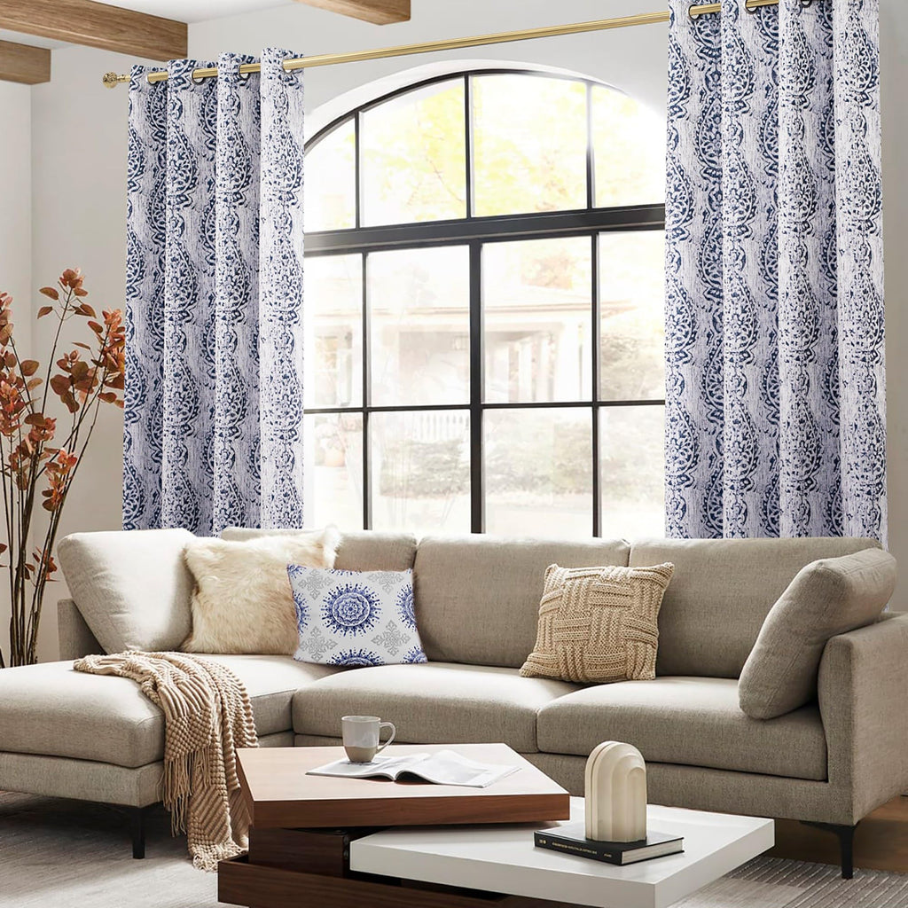 84 Inch Length Navy Blue Pattern Curtains 2 Panel Set Grommet Damask Medallion Print Textured Grey Cream White