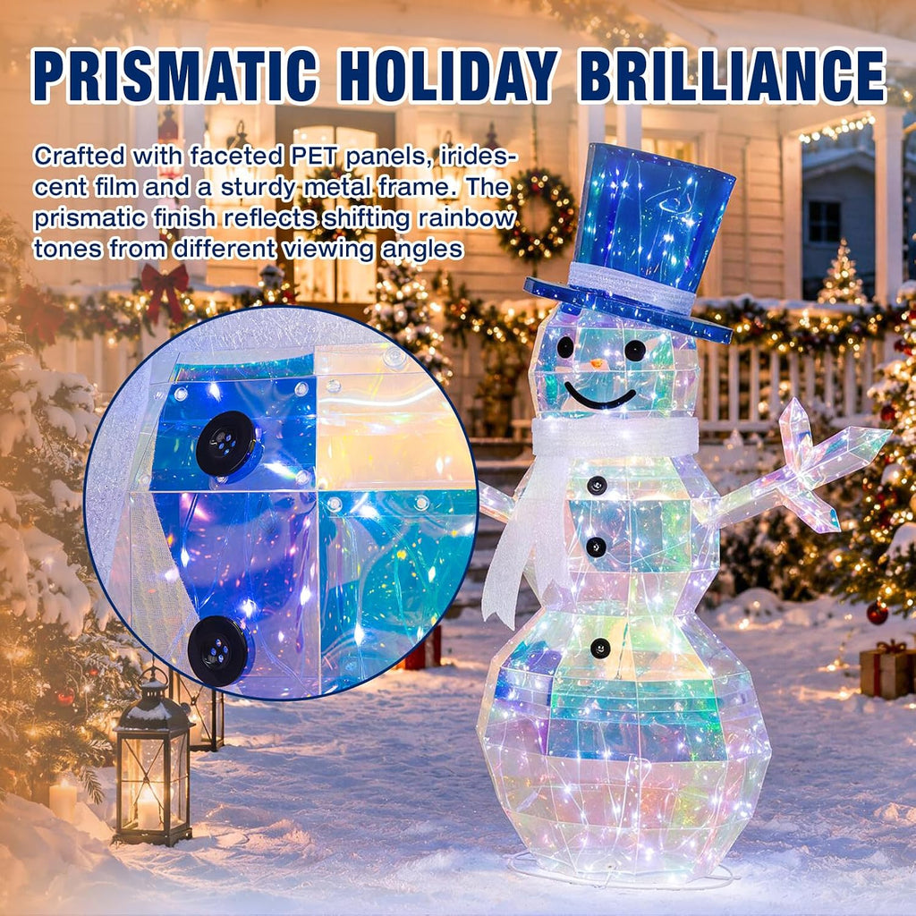 4 FT 2.5D Iridescent Prismatic Lighted Snowman, Outdoor Christmas Snowman Decoration with 100 Cool White LED Lights