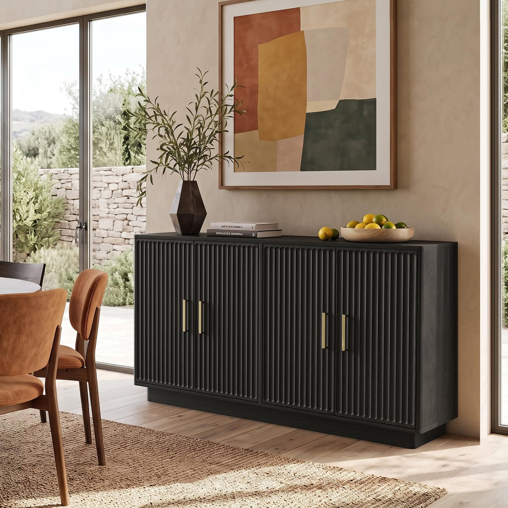55" Fluted Buffet Cabinet with Storage, Modern Credenza, Black