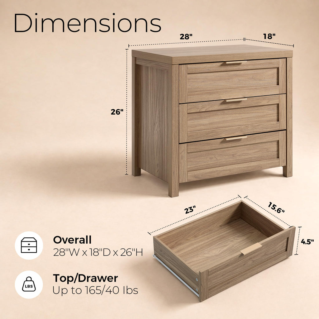 Nightstands Set of 2, 3 Drawer Bedside Table, Weathered Oak