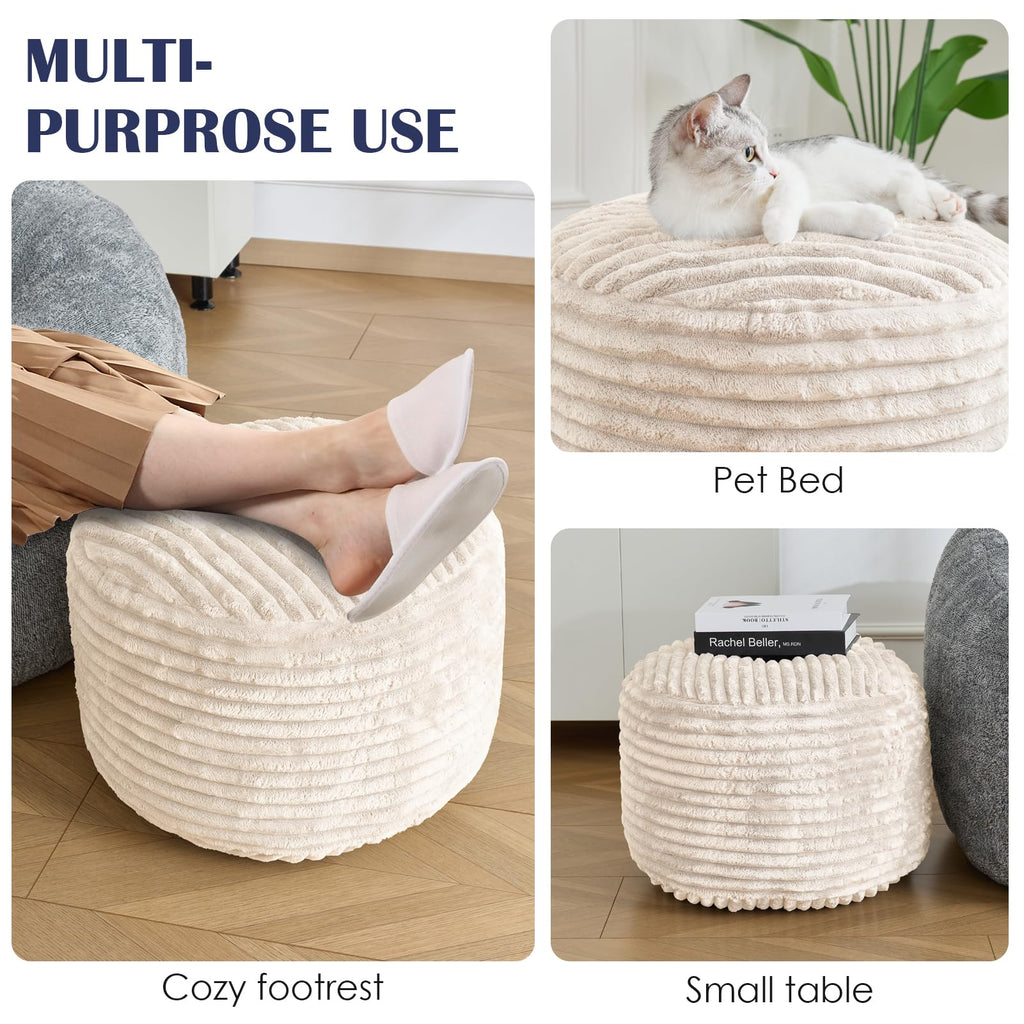 Stuffed Round Ottoman, Pouf Ottoman Foot Rest, 20 X 15, Beige