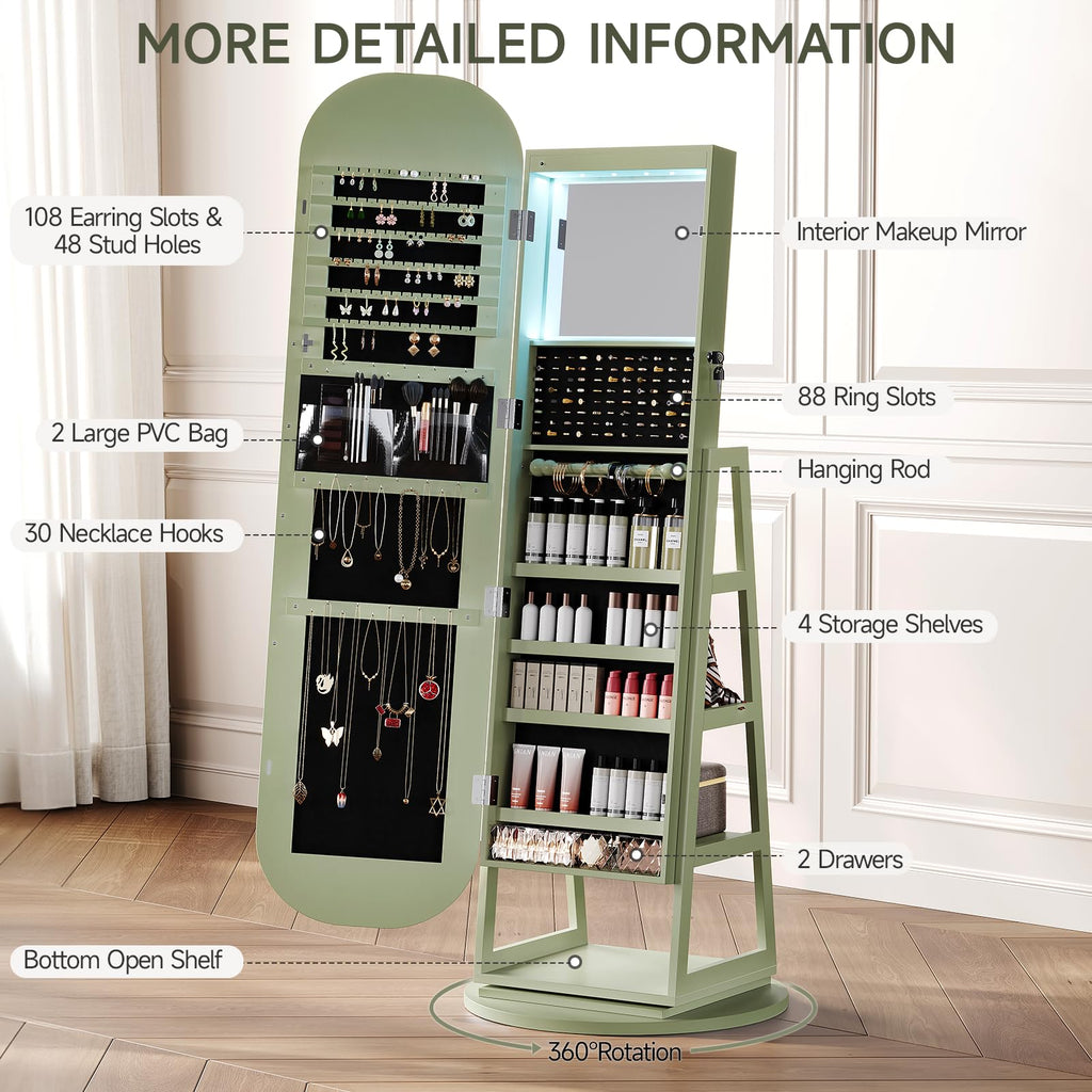 360° Swivel Jewelry Mirror Cabinet with Lights, Green