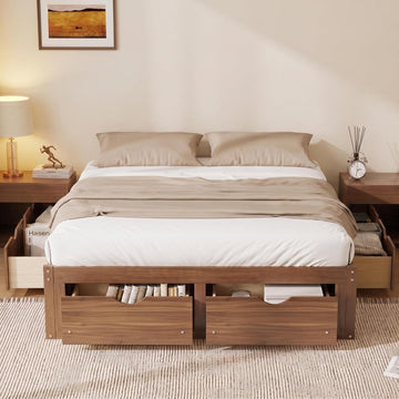Queen Size Wood Japanese Bed Frame with 6 Storage Drawers
