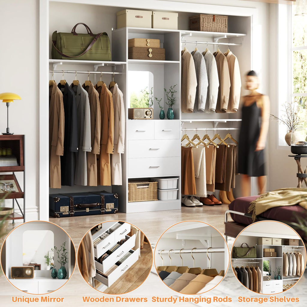 8FT Closet System with 4 Drawers, 96" Wood Closet Organizer with Mirror and Hanging Rods, Sturdy Walk in Wardrobe