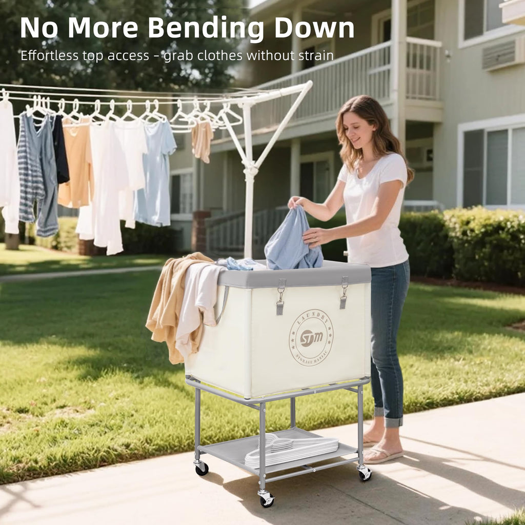 Rolling Laundry Cart with Storage Shelf, Beige