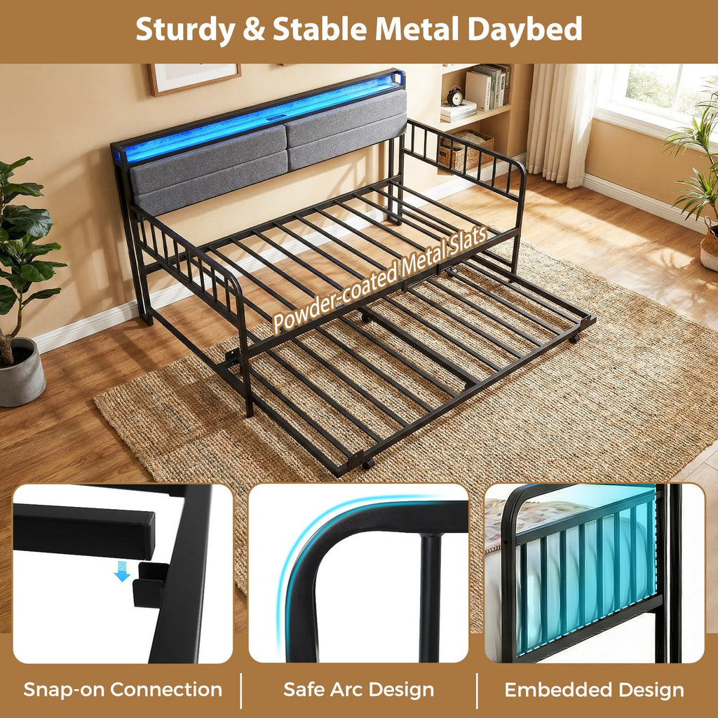 Twin Size Daybed with Trundle & LED Light, Metal Bed Frame with Upholstered Storage Headboard & Charging Station