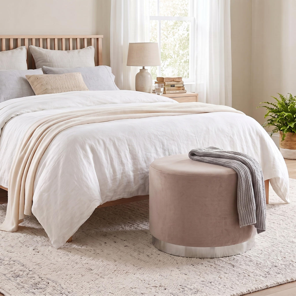 Large Round Velvet Ottoman Pouf - Soft Padded Foot Rest with Silver Trim - Upholstered Foot Chair, Coffee Table