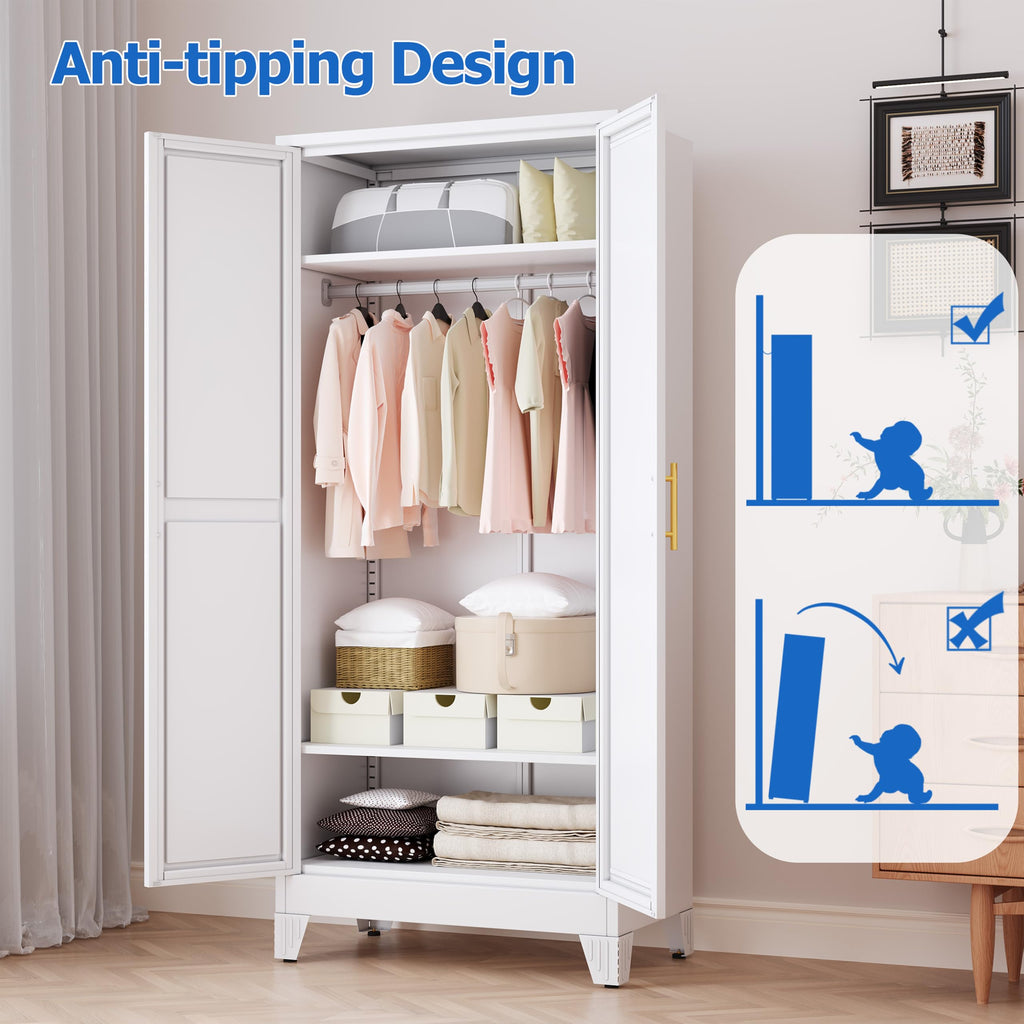 Metal Wardrobe Cabinet with Mirror and Hanging Rod, 71" White