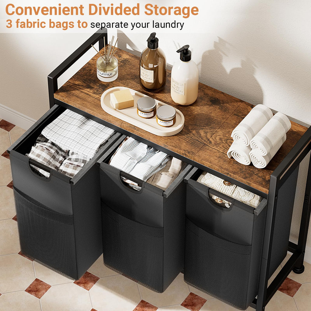 Laundry Hamper, Laundry Basket Organizer with 3 Pull-Out Removable Bags & Large Top Shelf, 3 × 12.5 Gal (142L)