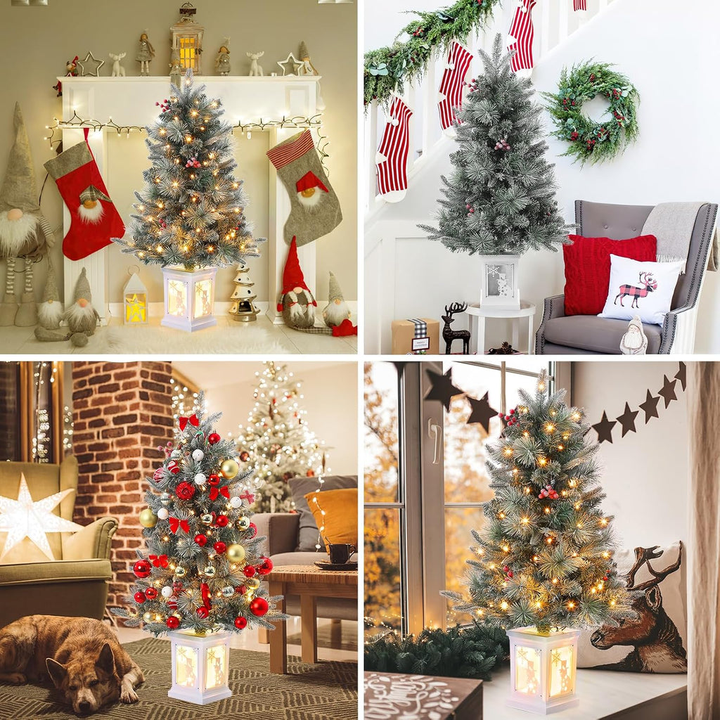3ft Prelit Snow Flocked Christmas Tree with White Snowman Box Base