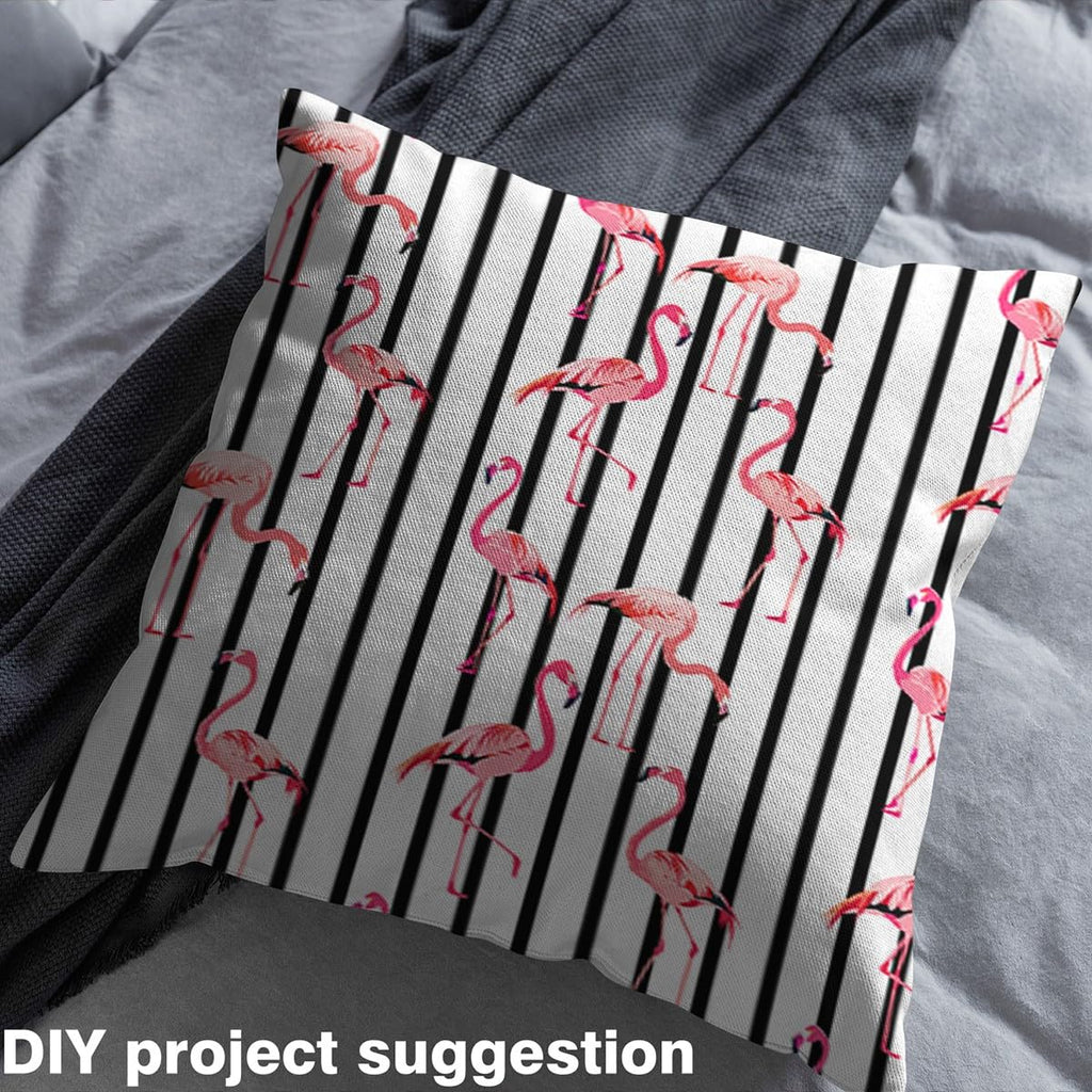 Flamingo Fabric By The Yard, Couple Pink Bird Upholstery Fabric, White Black Stripes Pattern Decorative Fabric, Woodland