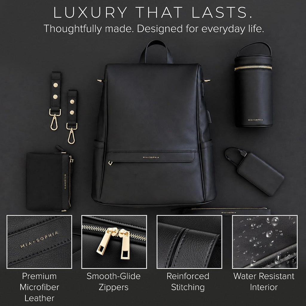 Leather Diaper Bag Backpack with USB Charging port, Changing Pad, Stroller Straps (Black Mia)