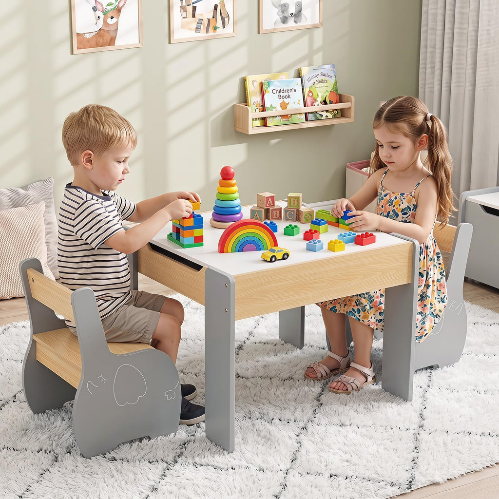 3 in 1 Kids Table and Chair Set, Wood Multi Activity Table with Removable Tabletop Storage, Detachable Blackboard for