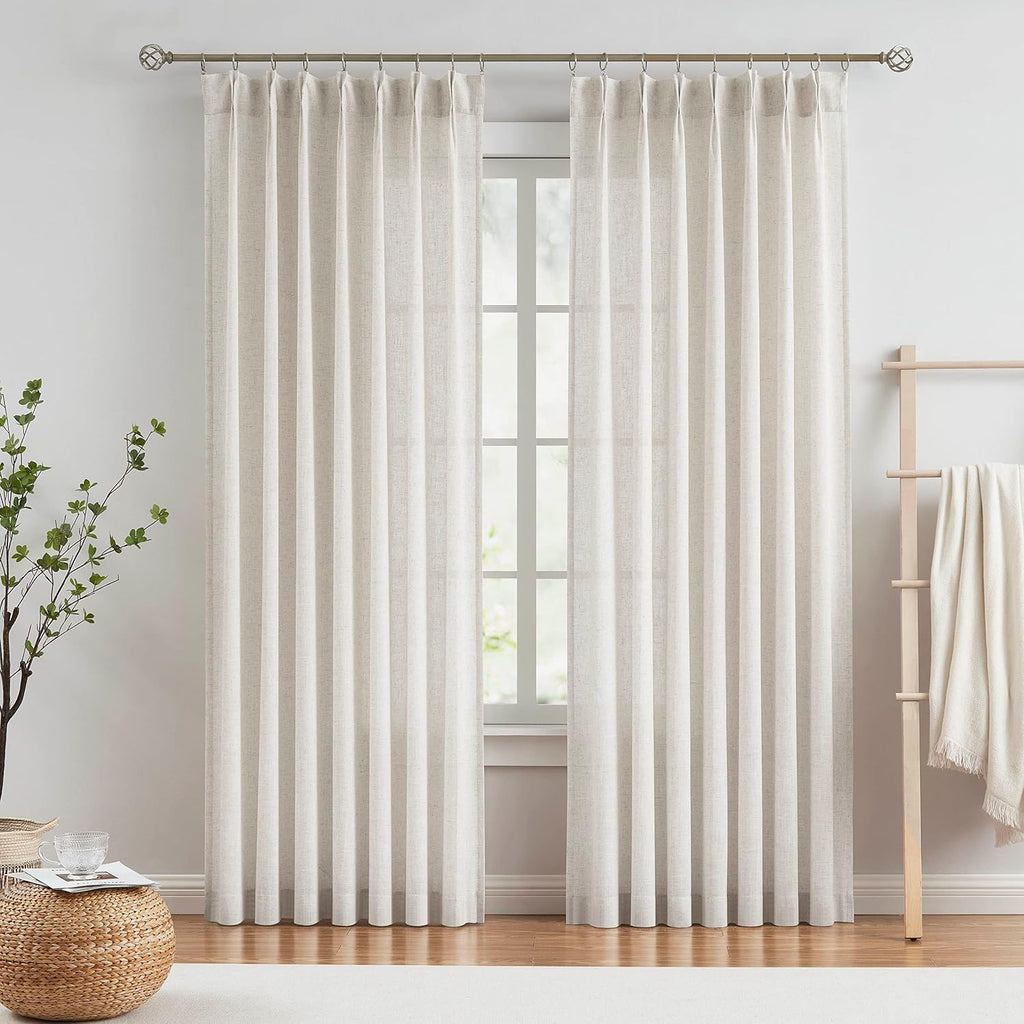 Natural Pinch Pleated Semi Sheer Curtains Textured Linen Blended Light Filtering Window Curtains 84 inch for Living